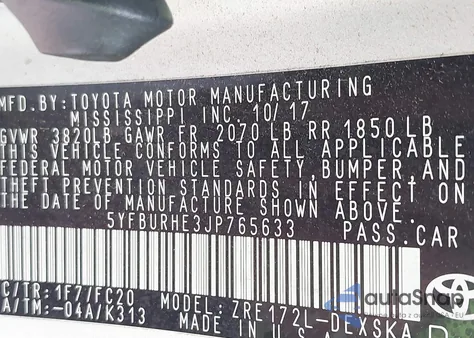 2018 Toyota Corolla Se из США, поврежденный, VIN 5YFBURHE3JP765633